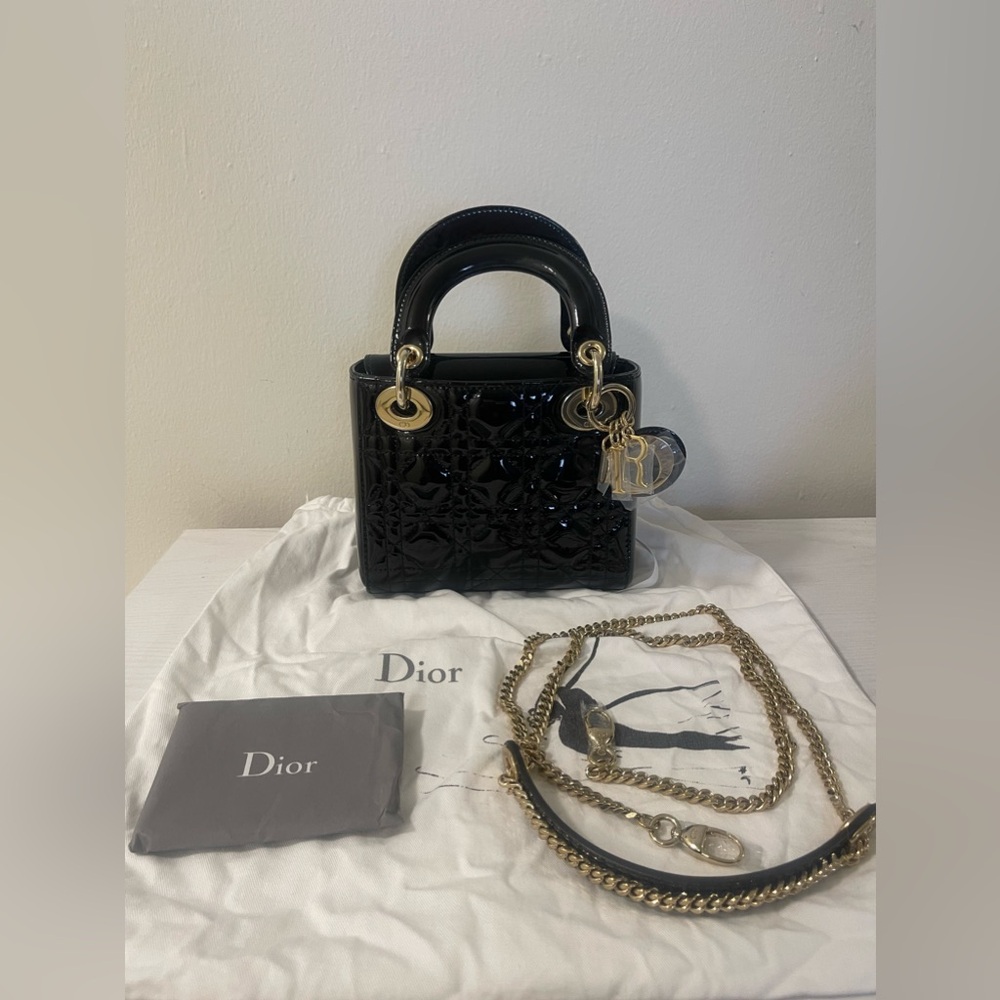 Christian Dior Black Patent Leather Mini Lady Dior Handbag